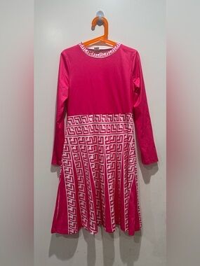 Shein-Fuchsia Pink Long Sleeve Patterned Midi Dress